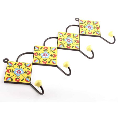 Yellow And Turquoise Tiny Flower Ceramic Tiles Hooks